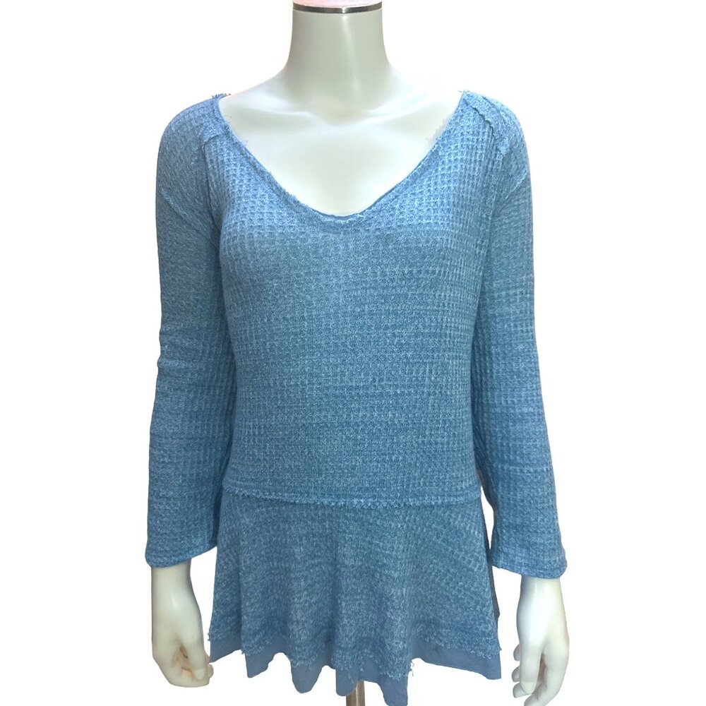 Chrysanthemum Waffle Knit Blue Off Shoulder Long Sleeve Tunic Sweater L